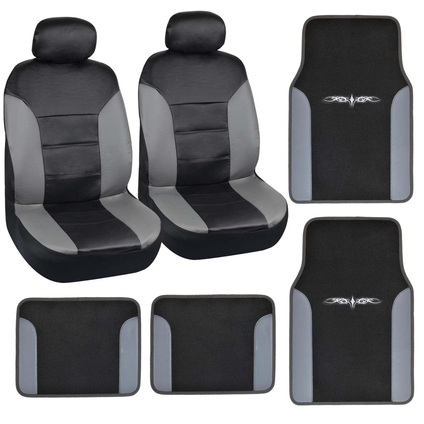 PU Leather Seat Covers Floor Mats Combo Car Van SUV Black & Gray 8pc Set
