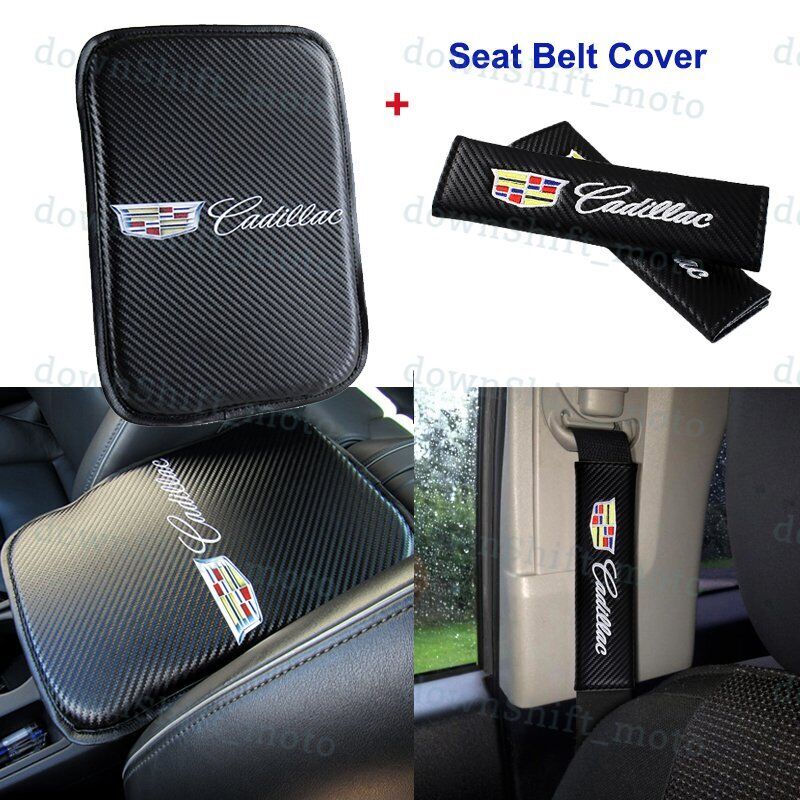 Carbon Fiber Center Armrest Cushion Pad Cover + Seat Belt Cover Set For CADILLAC