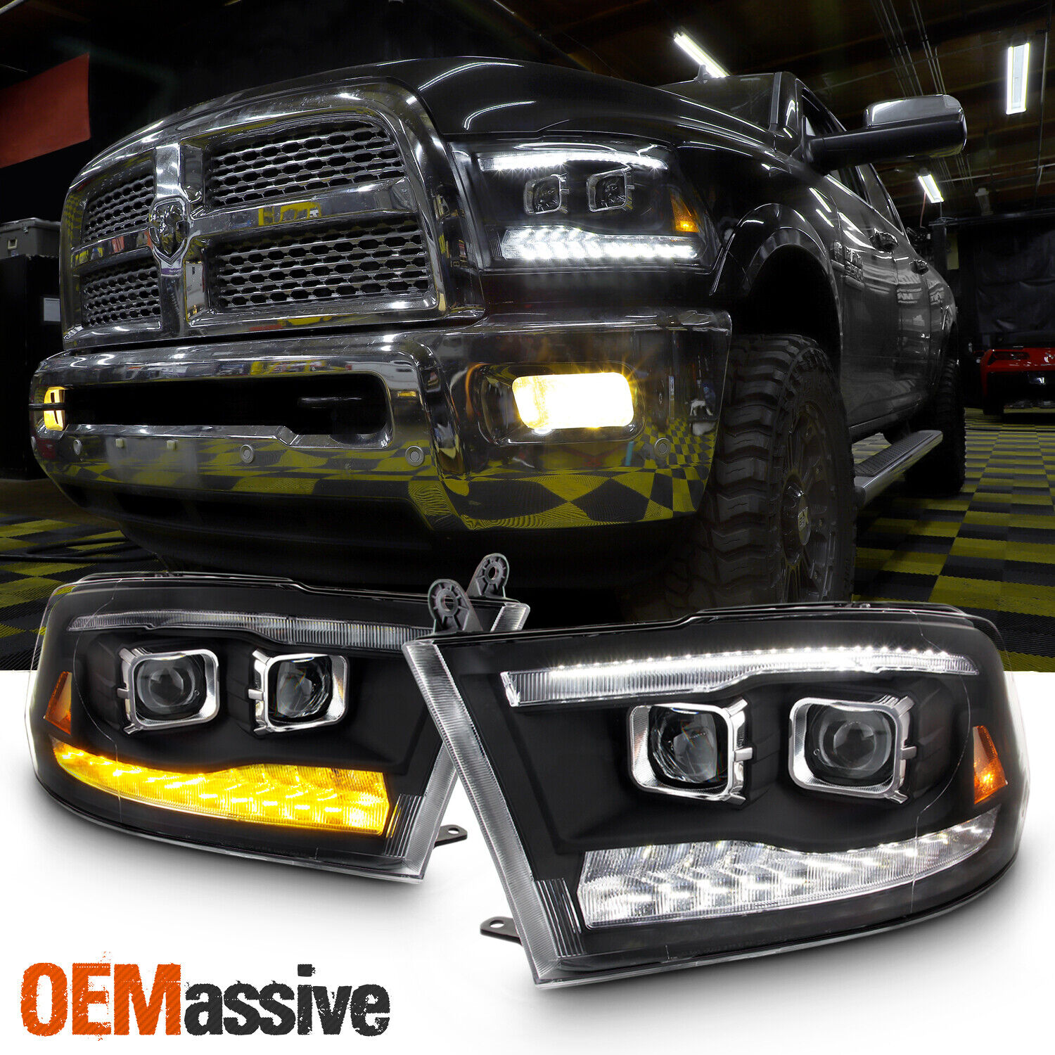 Fit Dodge Ram 09-18 1500 2500 3500 Black LED/DRL Dual Projector Headlights Lamps