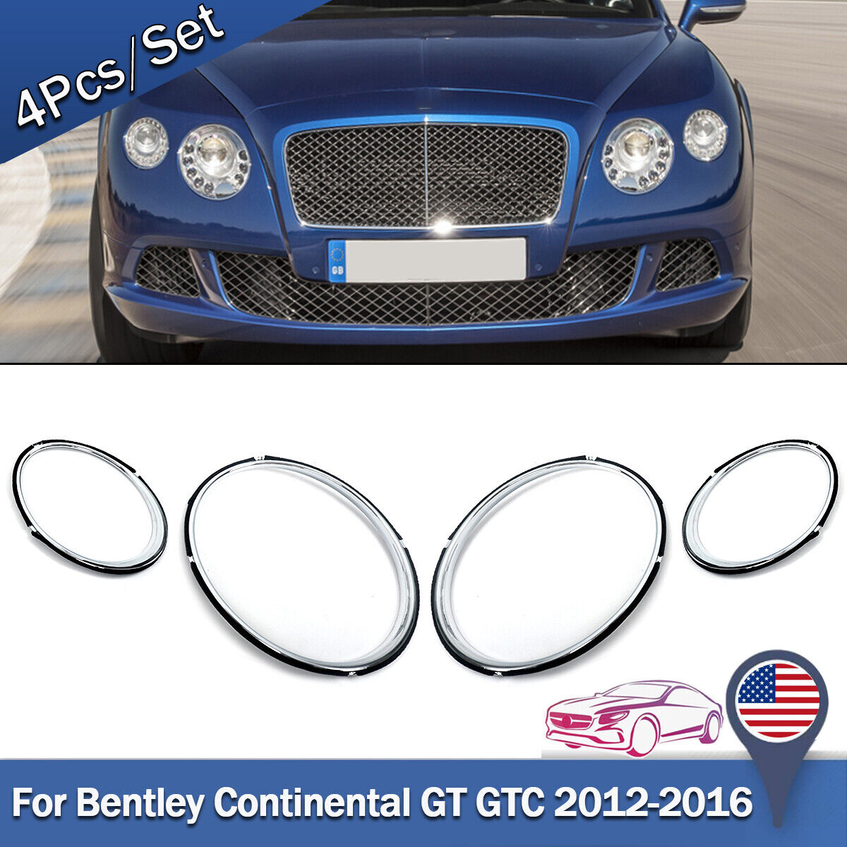 4x For Bentley GT GTC Headlight Trims Black Bentley Continental GT GTC 2012-2016