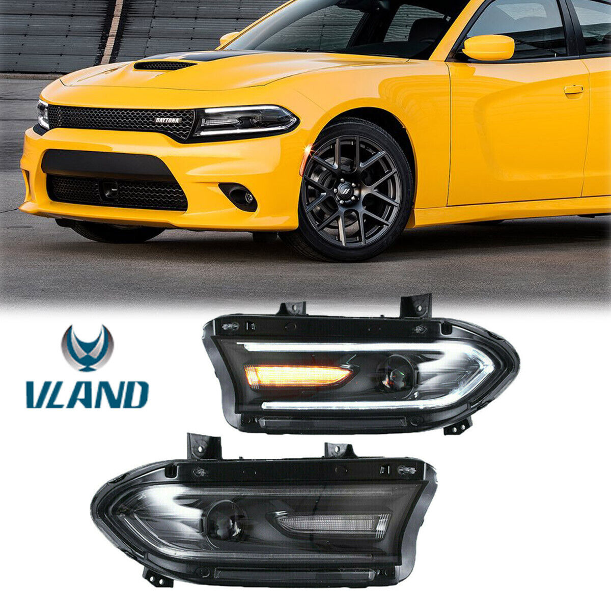 Vland Pair Front LED Projector Headlights For 2015-2020 Dodge Charger SRT R/T
