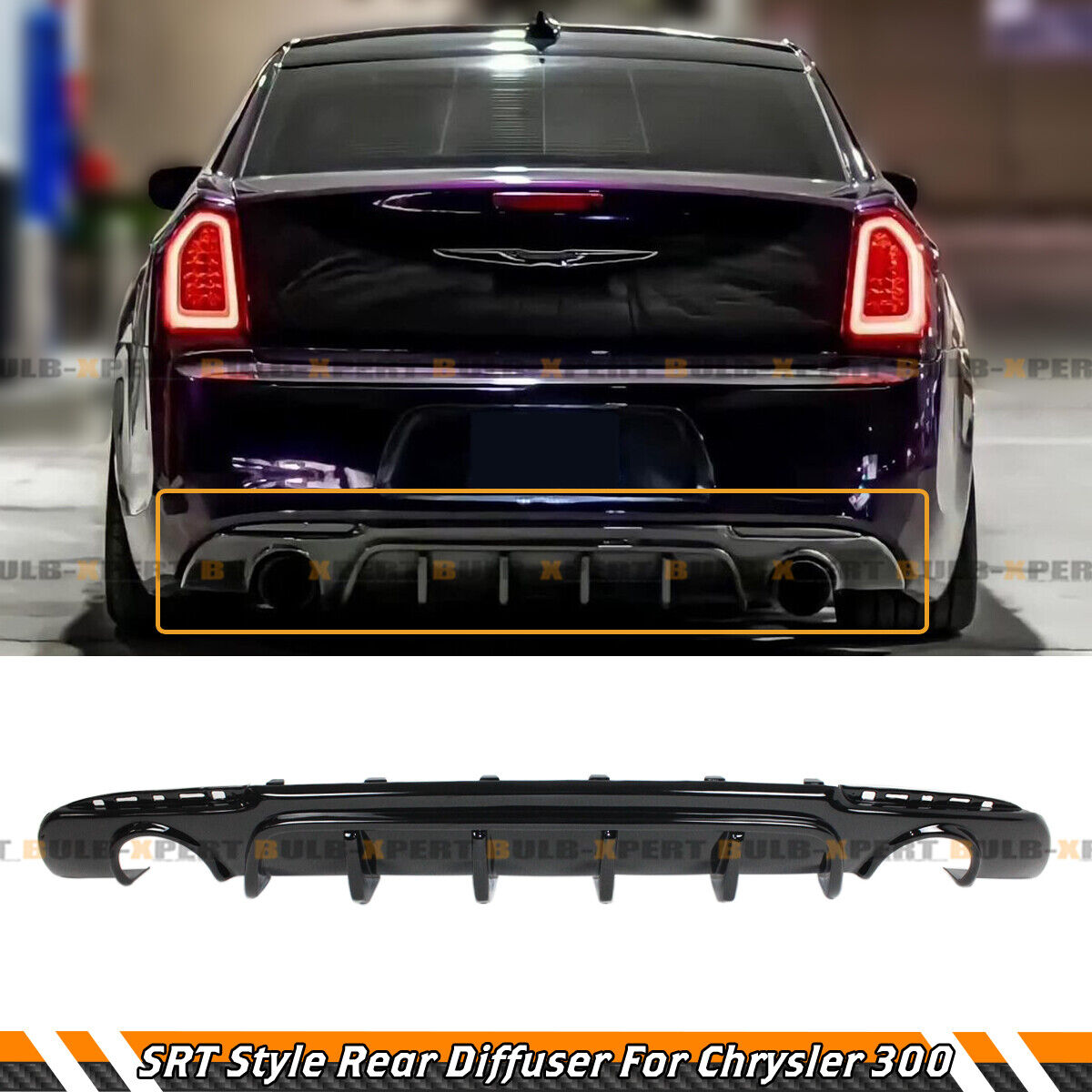 For 15-23 Chrysler 300 Glossy Black Dual Exhaust Shark Fins Rear Bumper Diffuser