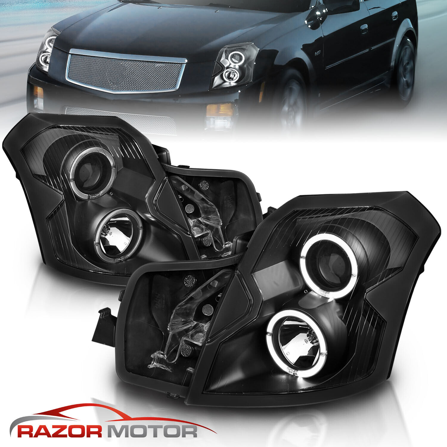 [Dual LED Halo] 2003- 2007 For Cadillac CTS Black Projector Headlights