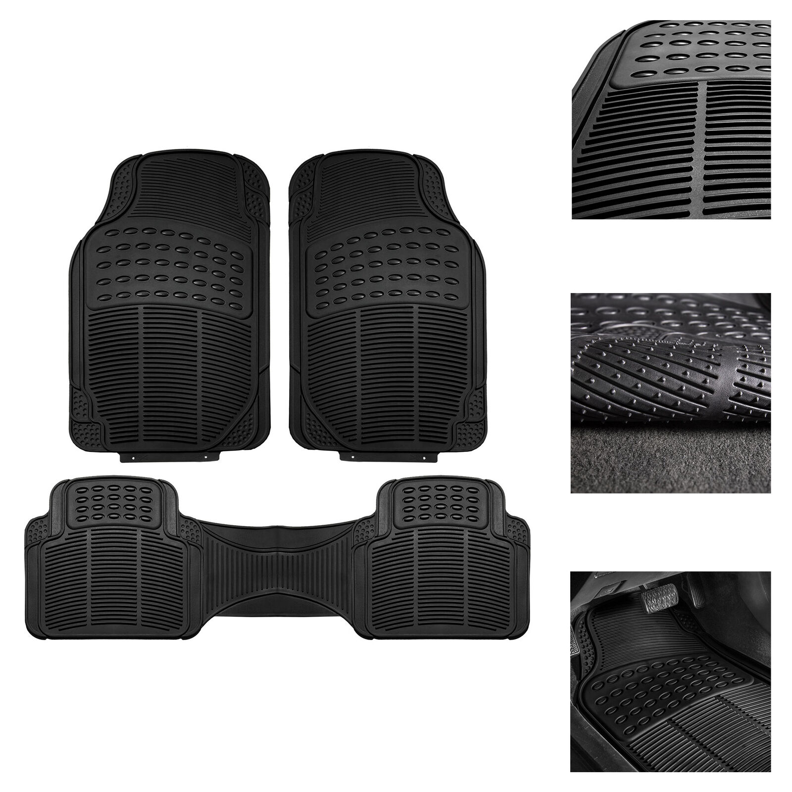 Car Floor Mats, All Weather Rubber Tactical Fit Heavy Duty Black - 3 Pc Set
