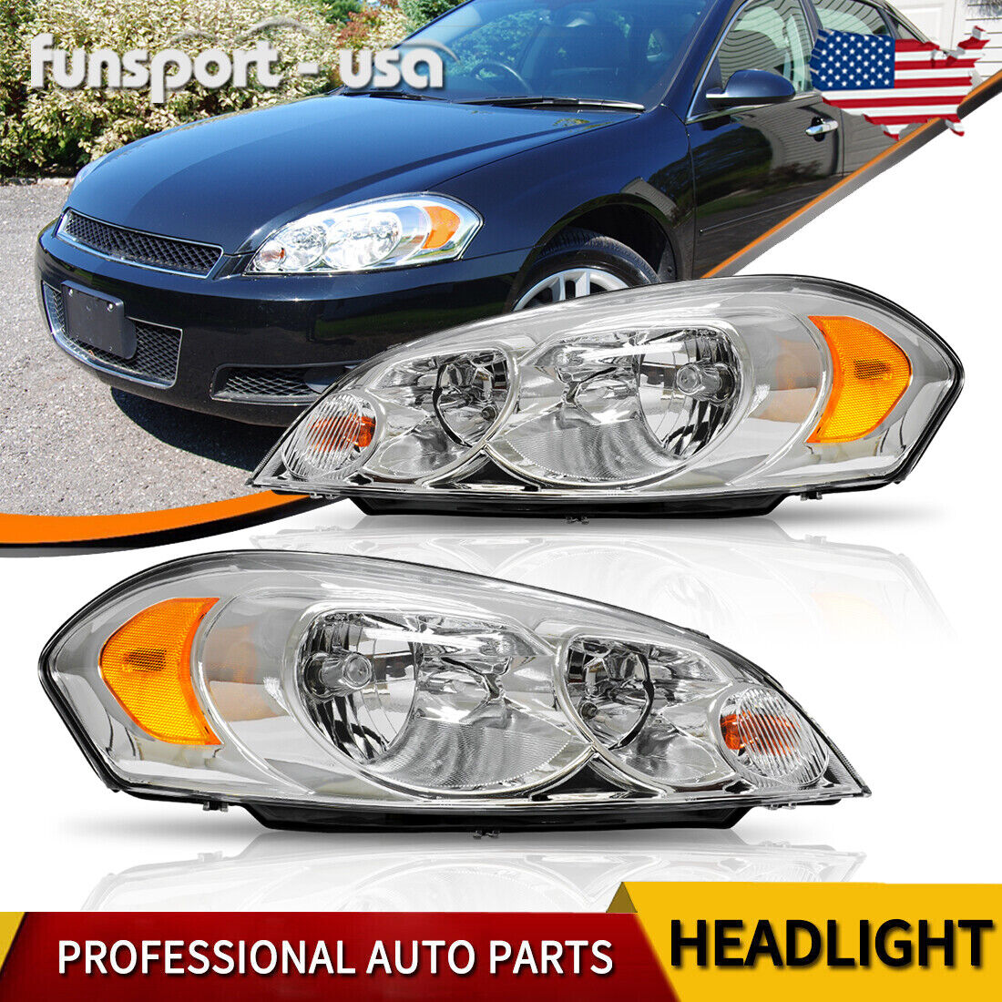 Chrome Headlights Replacement for 06-07 Monte Carlo 06-13 Chevy Impala Headlamps