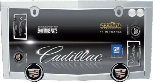 Cadillac Logo Chrome License Plate Tag Frame + 2 Chrome Screw Caps Brand New