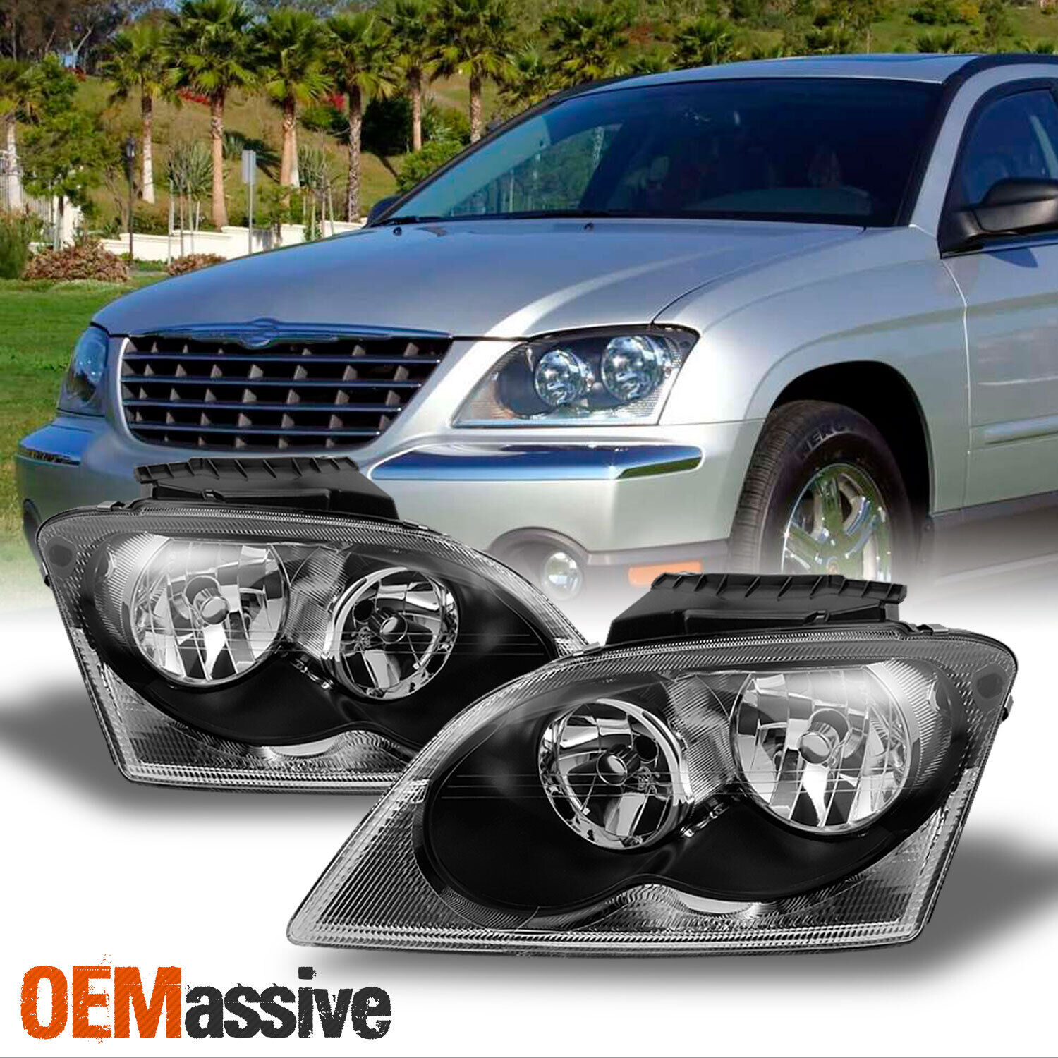 Fit 2004 2005 2006 Chrysler Pacifica SUV Black Headlights Headlamps Replacement