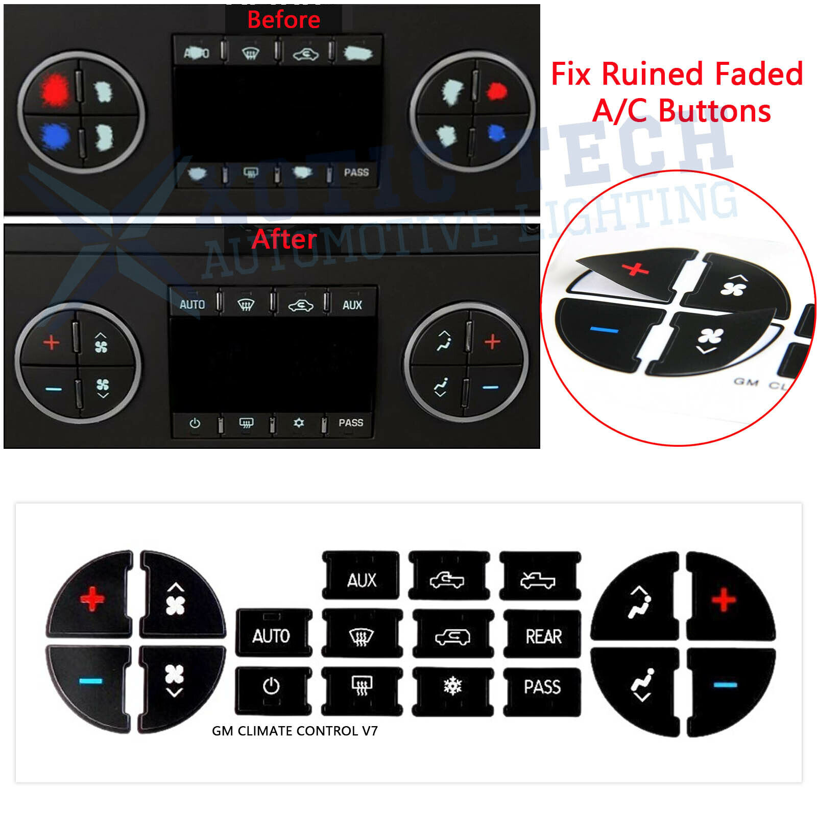 Black Vinyl AC Dash Button Repair Kit Decal Stickers Replacement for Chevy GMC