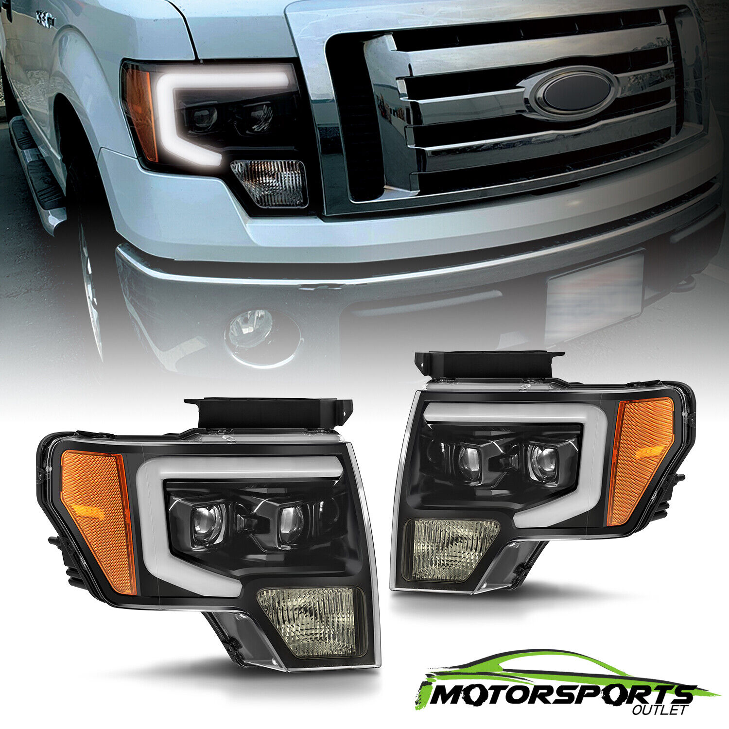 For 2009-2014 Ford F-150 LED Tube Bar Projector Polish Black Headlights Pairs