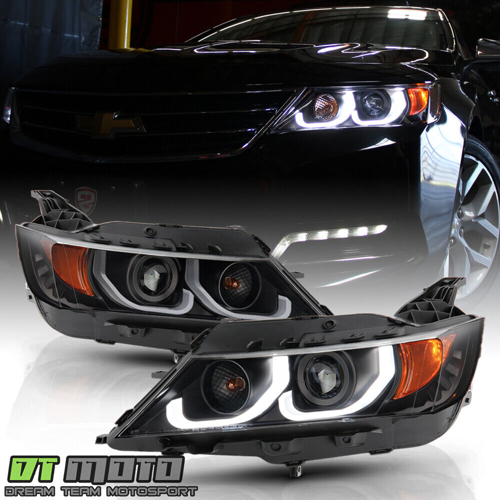 2014-2020 Chevy Impala Black LED Dual DRL Tube Projector Headlights Headlamps