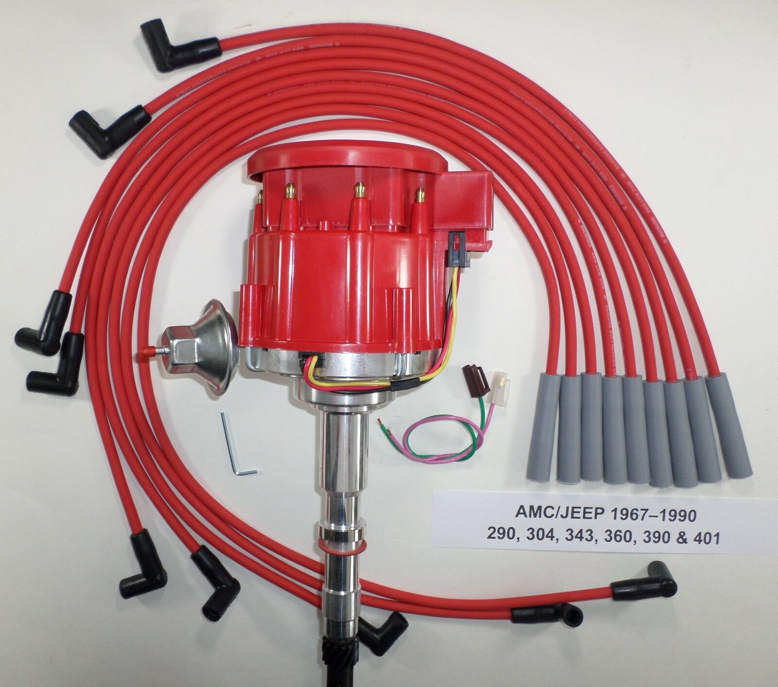 for AMC/JEEP 1967-1990 290 304 360 390 401 HEI DISTRIBUTOR + RED Plug Wires USA