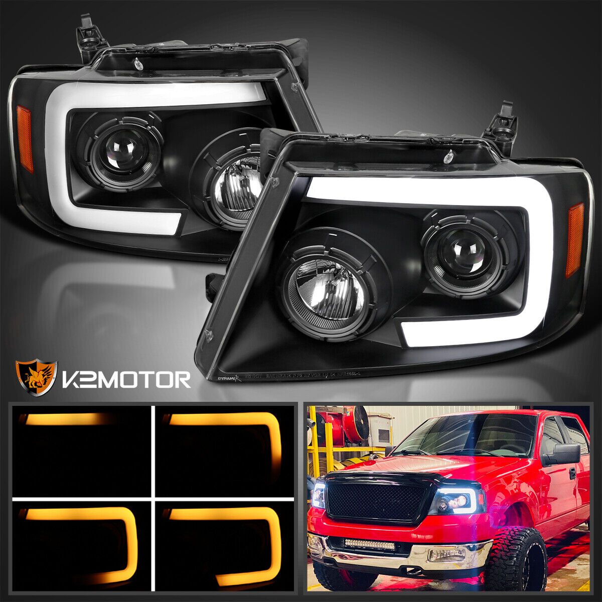 For 2004-2008 F150 LED Sequential Signal Strip Bar Black Projector Headlights
