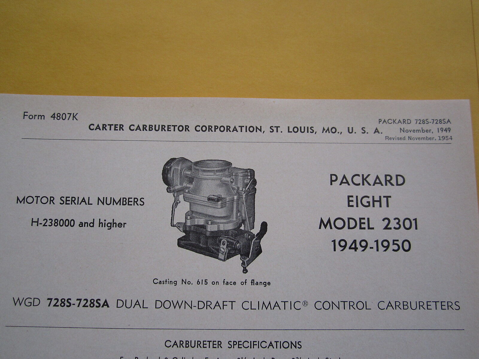 1949, 1950 PACKARD EIGHT 2301, CARTER CARBURETOR SPEC INFO SHEET