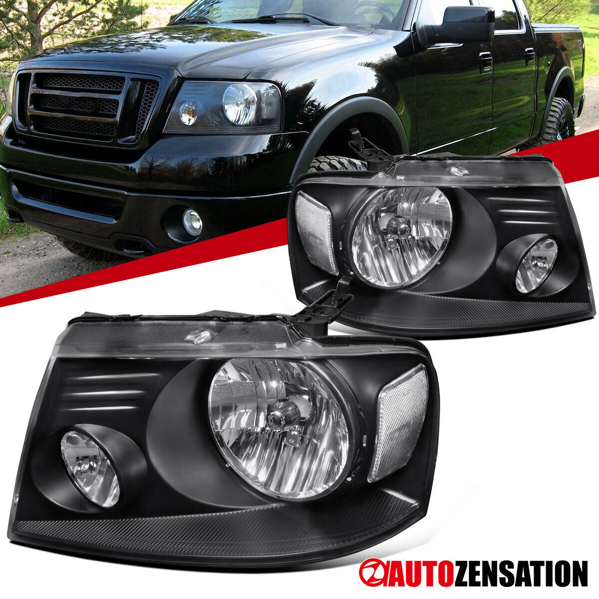 Fit 2004-2008 Ford F150 06-08 Lincoln Mark LT Black Headlights Lamps Left+Right