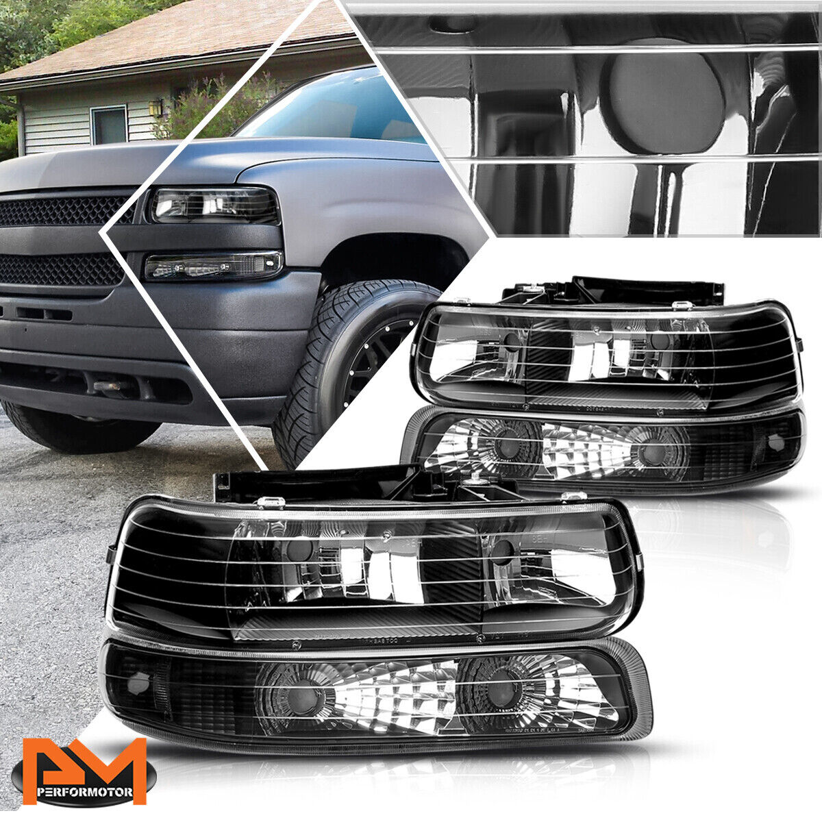For 99-02 Chevy Silverado/00-06 Suburban Bumper Headlight/Lamp Clear Side Black