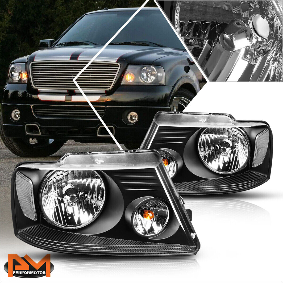 For 04-08 Ford F150 Pickup Black Housing Headlight Clear Side Corner Lamps Pair