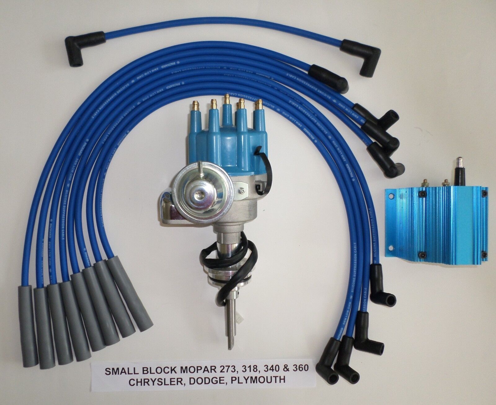 MOPAR 273-318-340-360 BLUE SMALL Cap HEI Distributor,50K COIL & Spark Plug Wires
