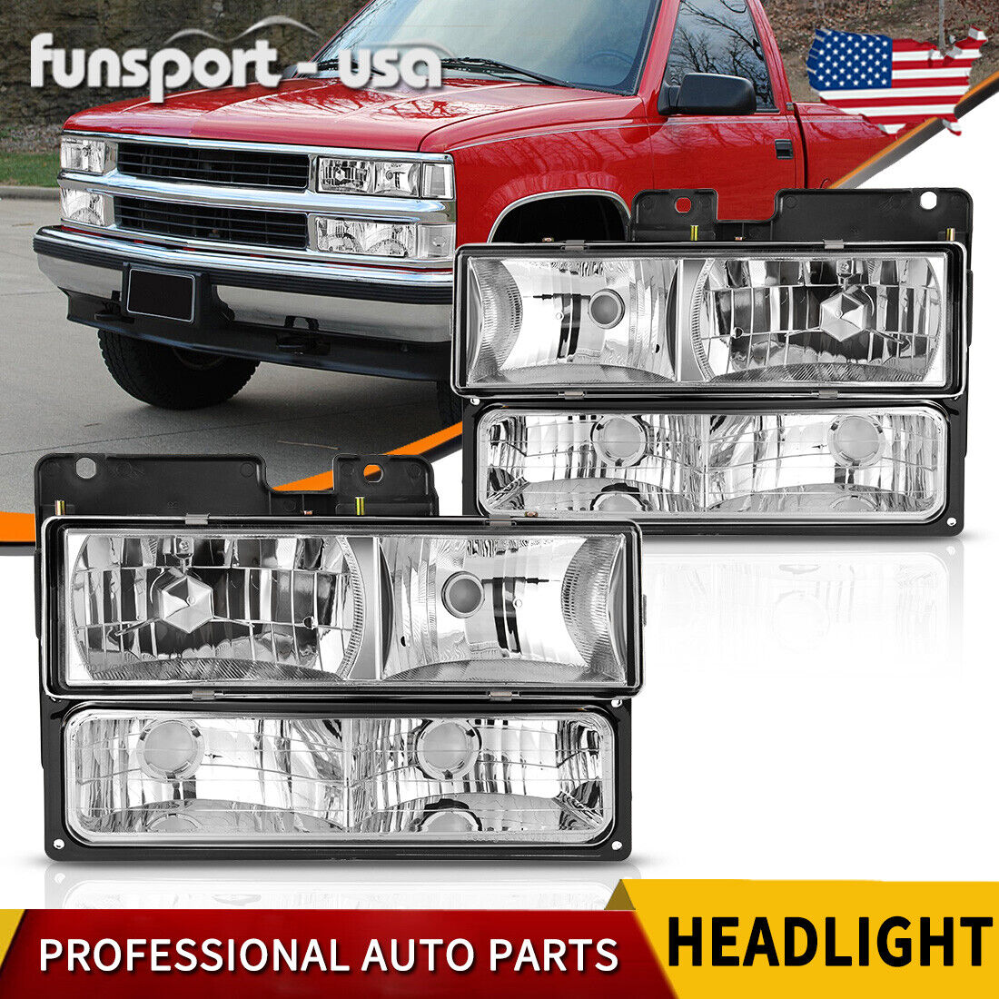 4PCS Chrome Headlights Replacement For 1990-1999 Chevy GMC C/K 1500 95-99 Tahoe