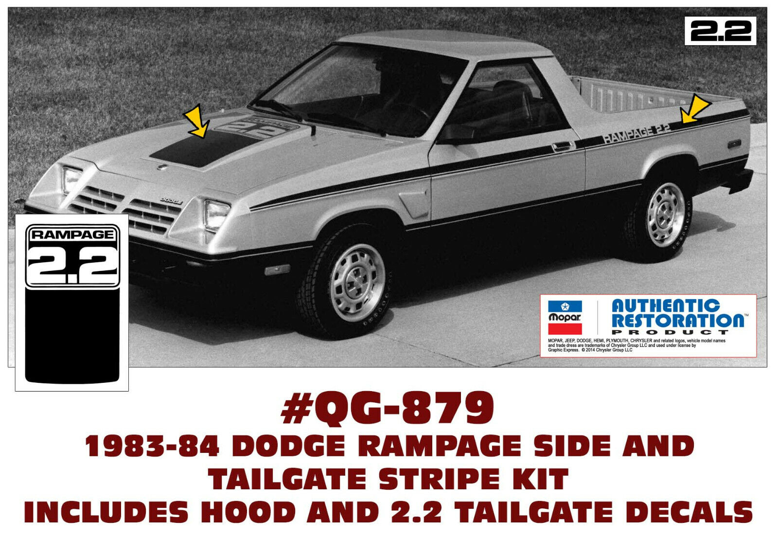 SP QG-879 1983 1984 DODGE RAMPAGE 2.2 - BODY STRIPE AND HOOD DECAL