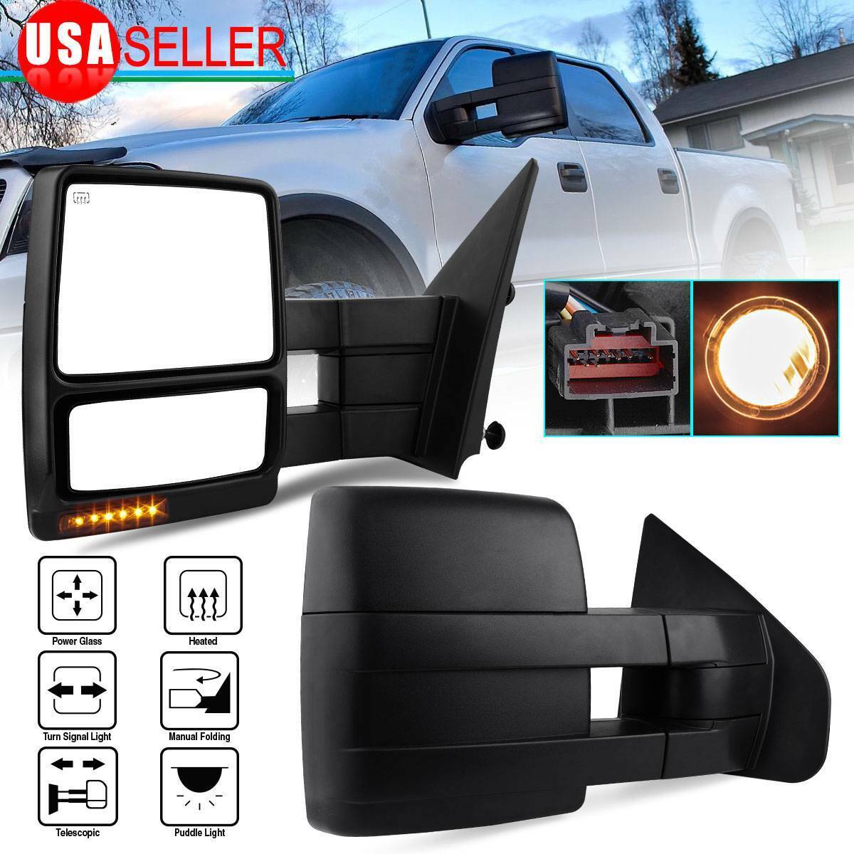 Pair Power Heated Tow Mirrors for 07-14 Ford F-150 F150 Puddle LED Turn Signals