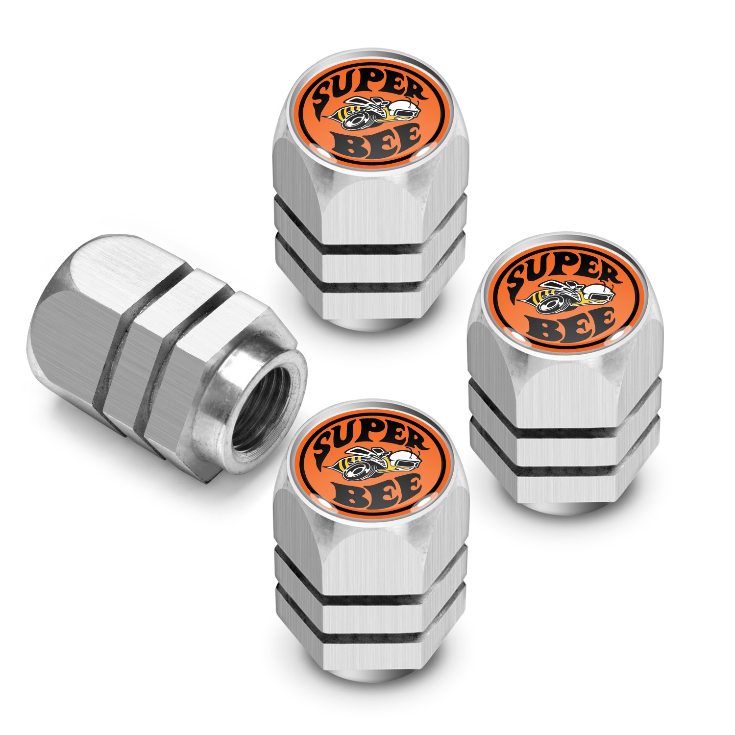 Dodge Super-Bee in Black on Silver Hexagon Aluminum Tire Valve Stem Caps