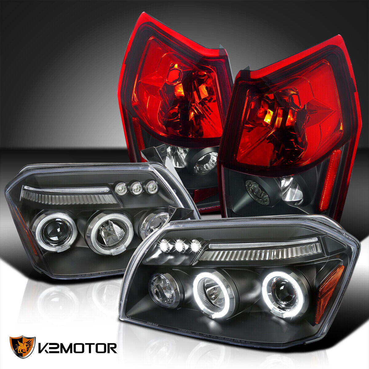 Fits 2005-2007 Dodge Magnum Black LED Halo Projector Headlights+Red Tail Lamps