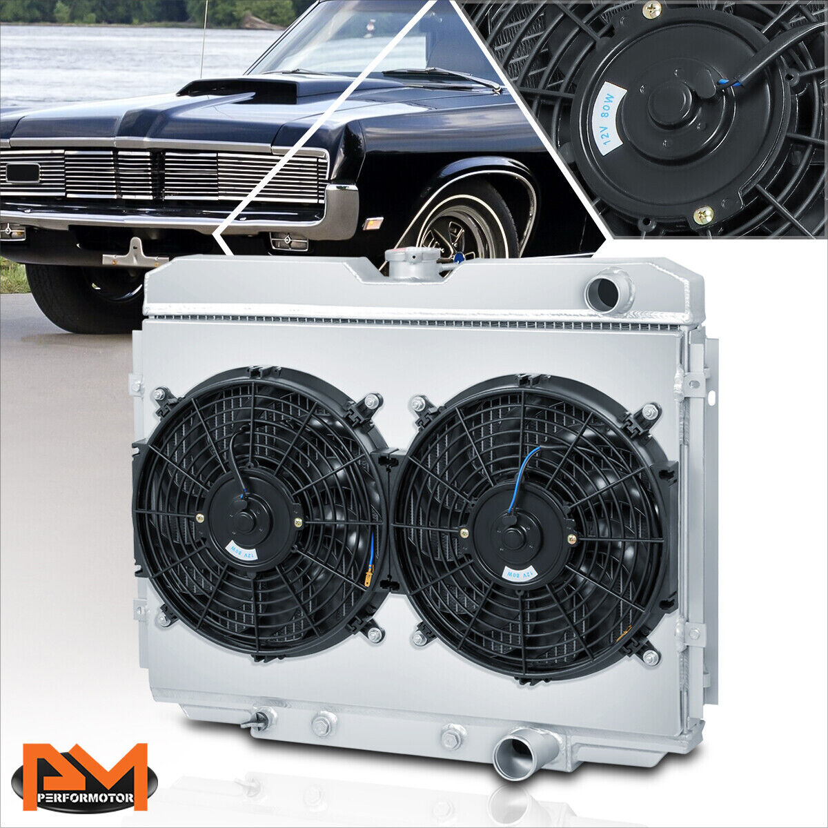 For 67-70 Ford Mustang/Fairlane Aluminum Core 3-Row Racing Radiator w/Fan Shroud
