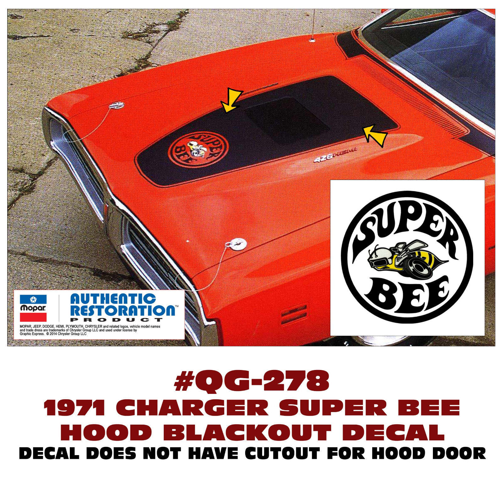 GE-QG-278 1971 DODGE CHARGER - SUPER BEE BLACKOUT HOOD DECAL - MULTI COLOR BEE