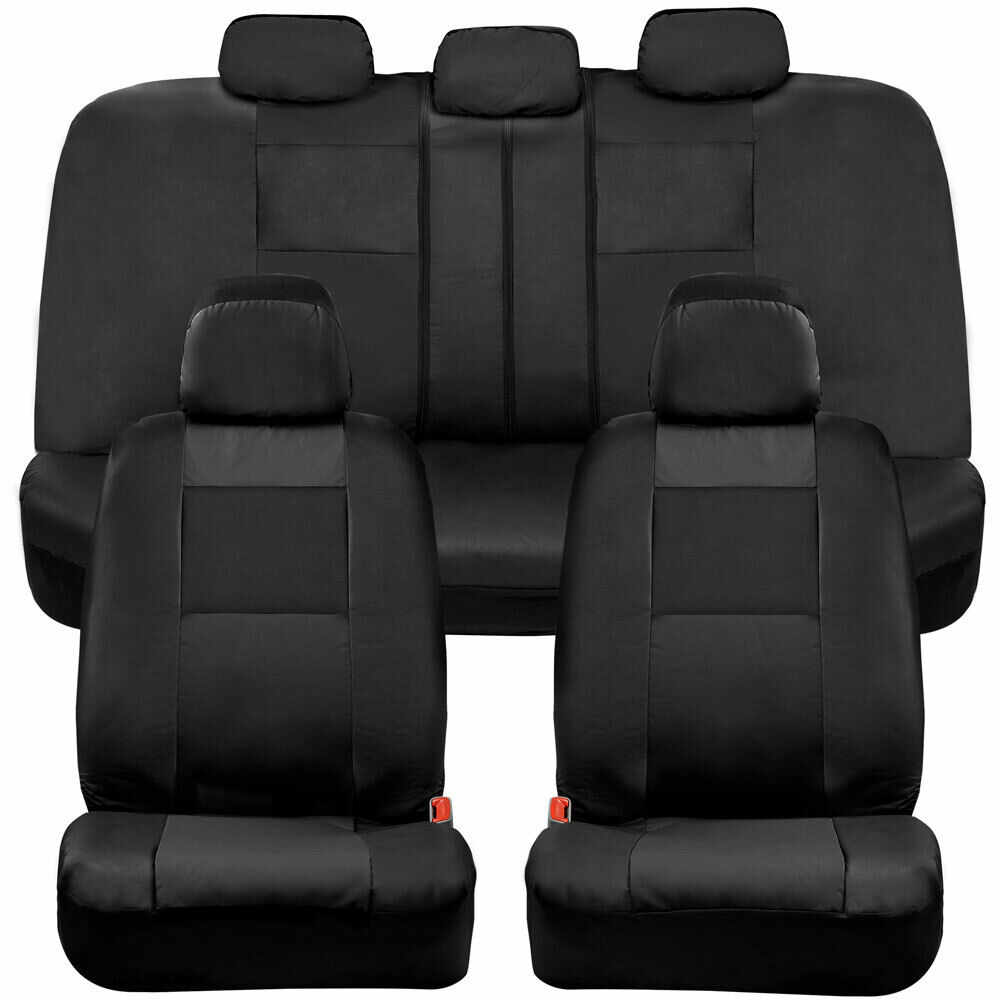 BDK Faux Leather Full Set Car Seat Covers - Front & Rear Two-Tone in Black