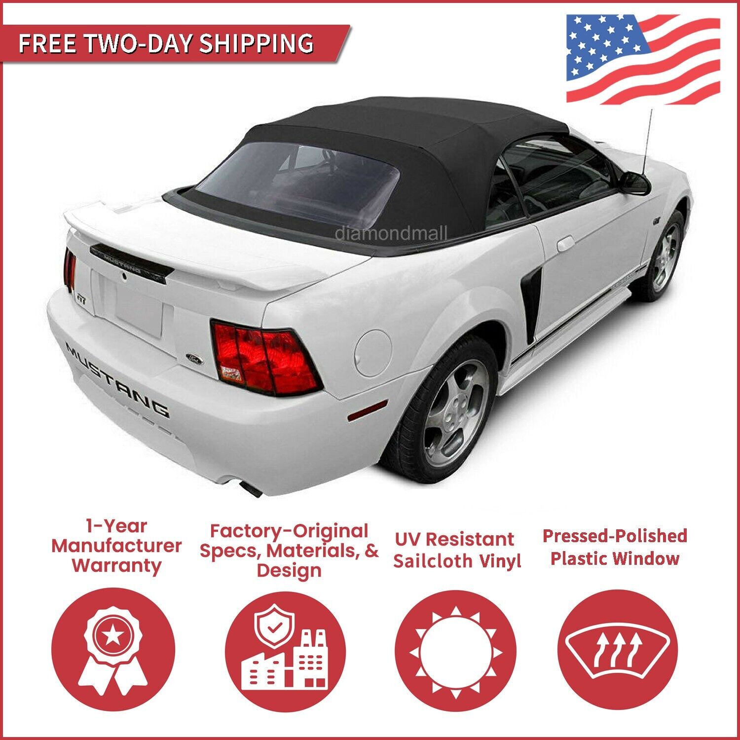 1994-04 Ford Mustang Convertible Soft Top w/ DOT Approved Window, Black