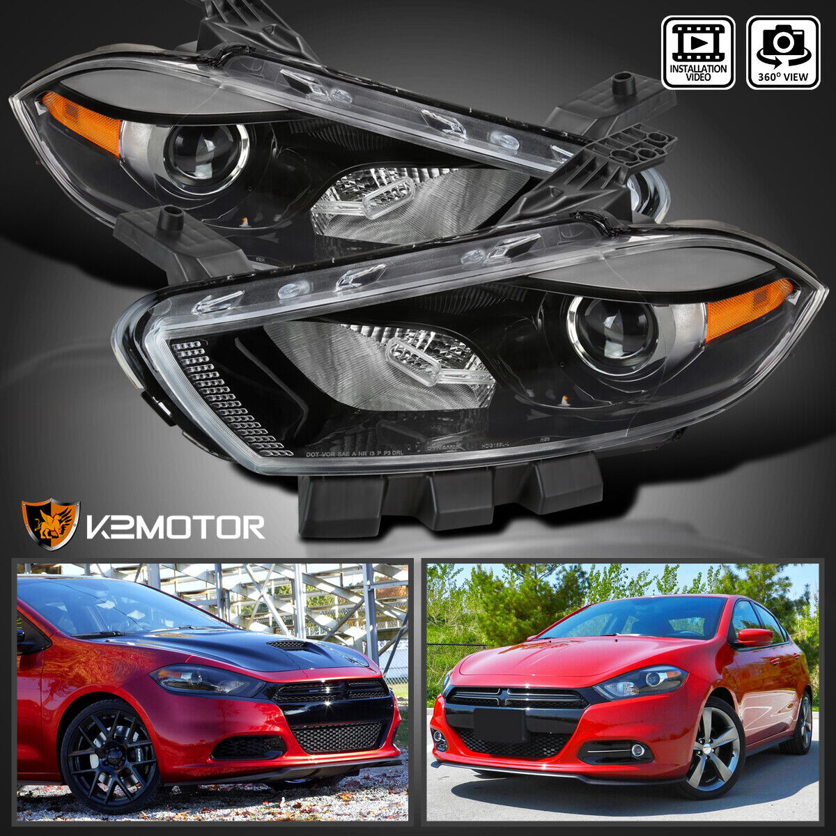Fits 2013-2016 Dodge Dart Halogen Projector Headlights HeadLamp Black Left+Right