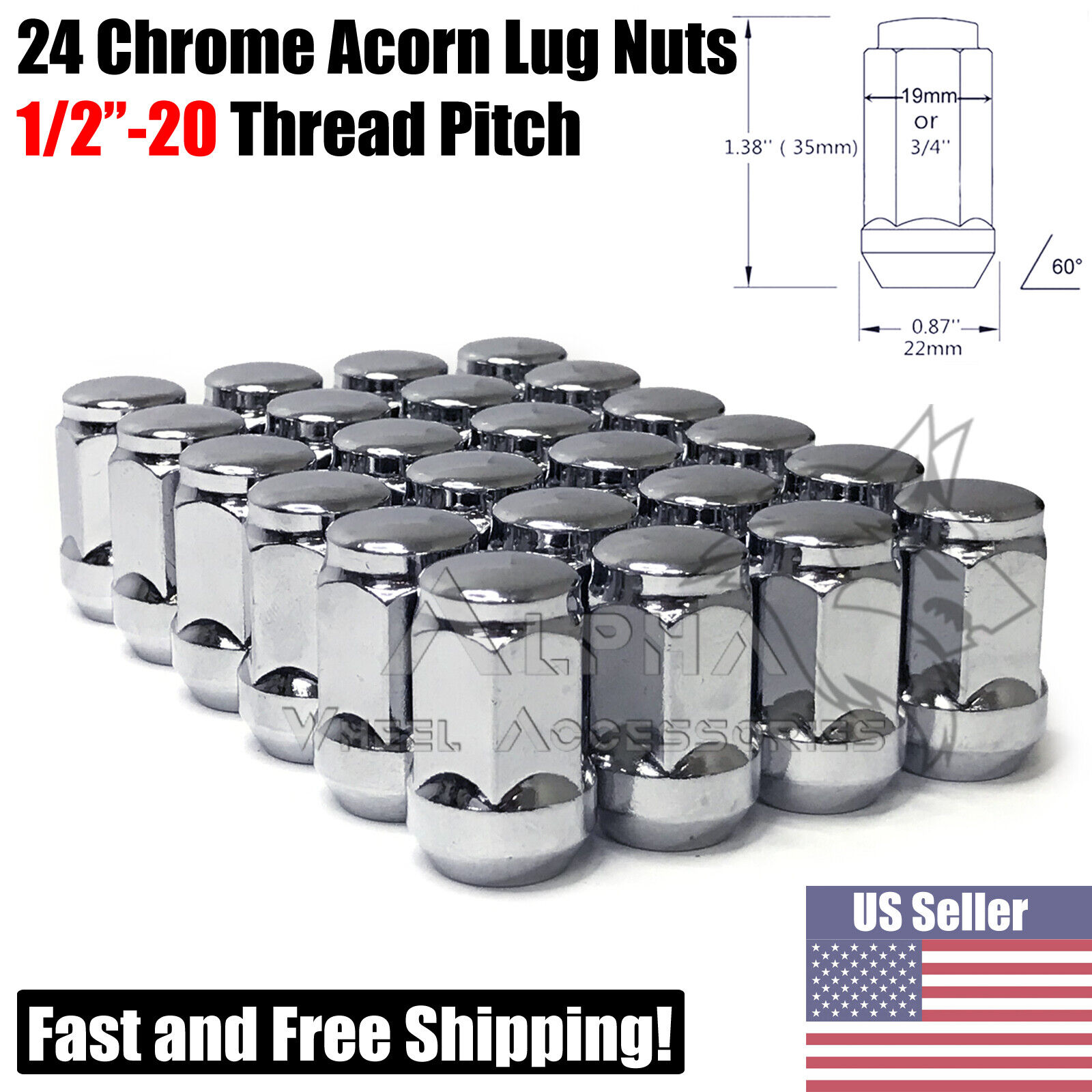 24 Chrome Bulge Acorn Lug Nuts 1/2\