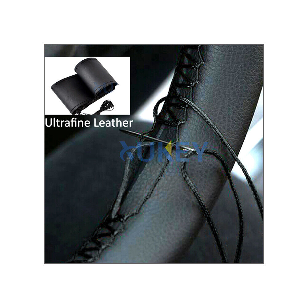 Black Genuine Leather Sport DIY Car Steering Wheel Cover With Needles Thread