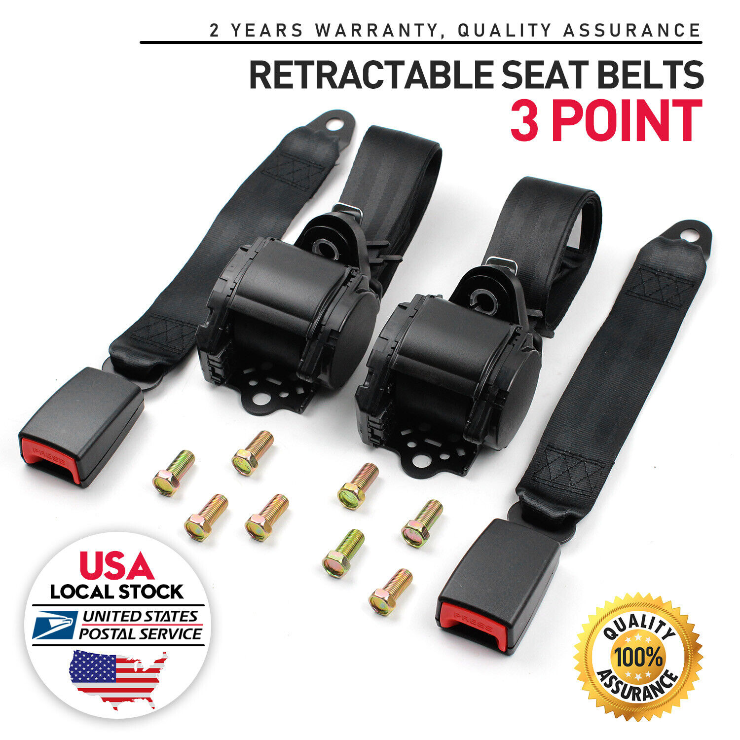 2PCS Retractable Adjustable 3 Point Safety Seat Belt Straps Kit Car Vehicle
