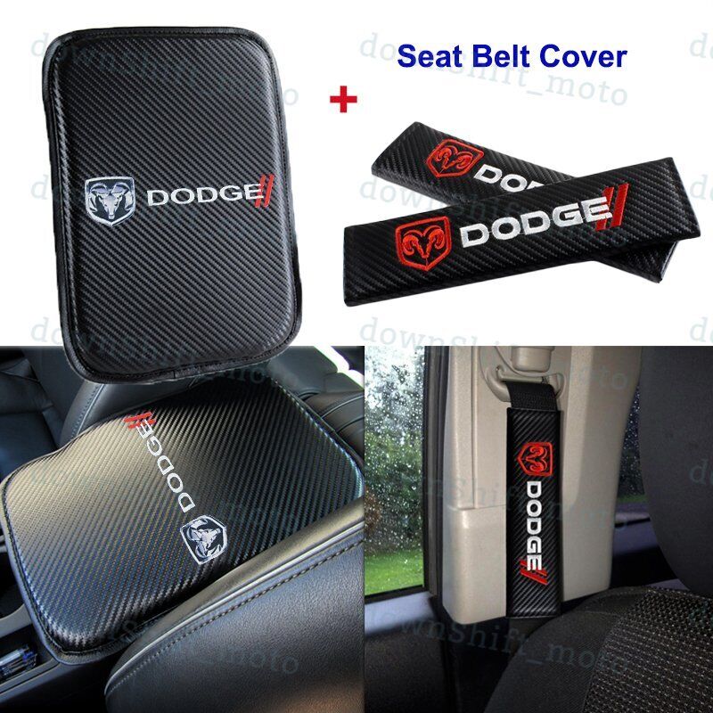Carbon Fiber Car Center Armrest Cushion Pad Cover +Seat Belt Cover Set For DODGE