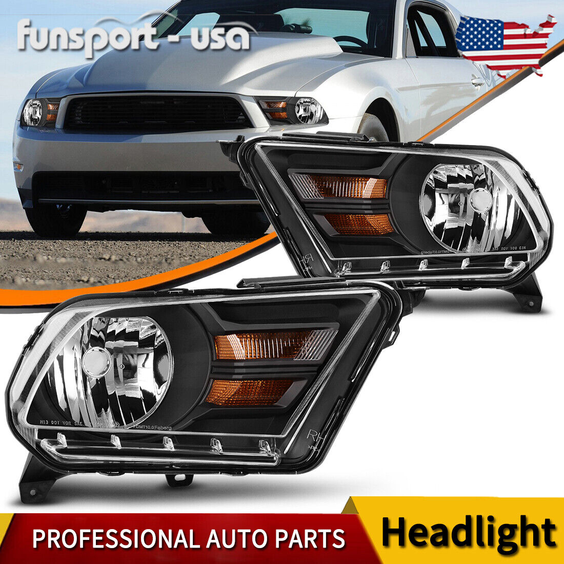 FRONT HEADLIGHTS FOR 2010-2014 FORD MUSTANG BLACK HOUSING AMBER CORNER HEADLAMPS
