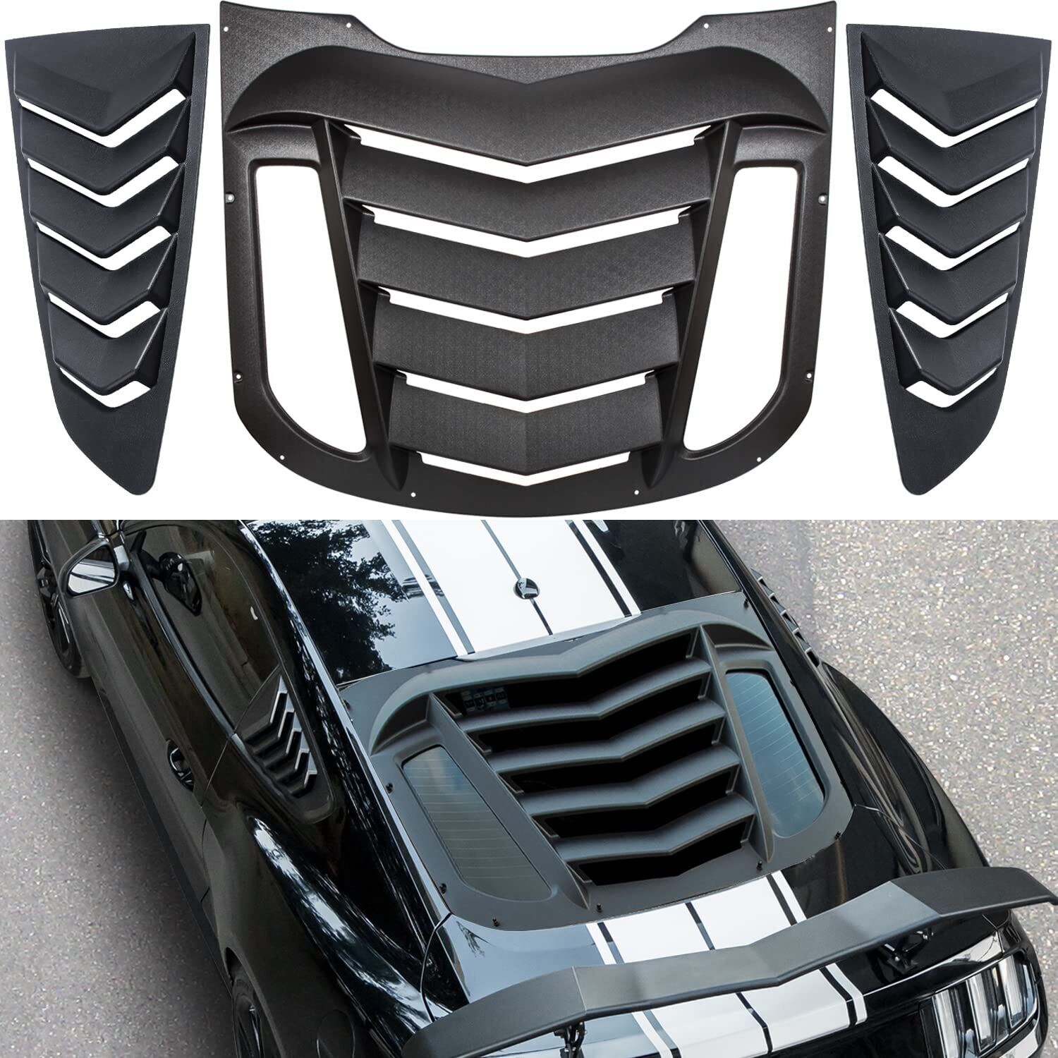 3pcs Rear + Side Window Louvers ABS Windshield Cover For Ford Mustang 2015-2021