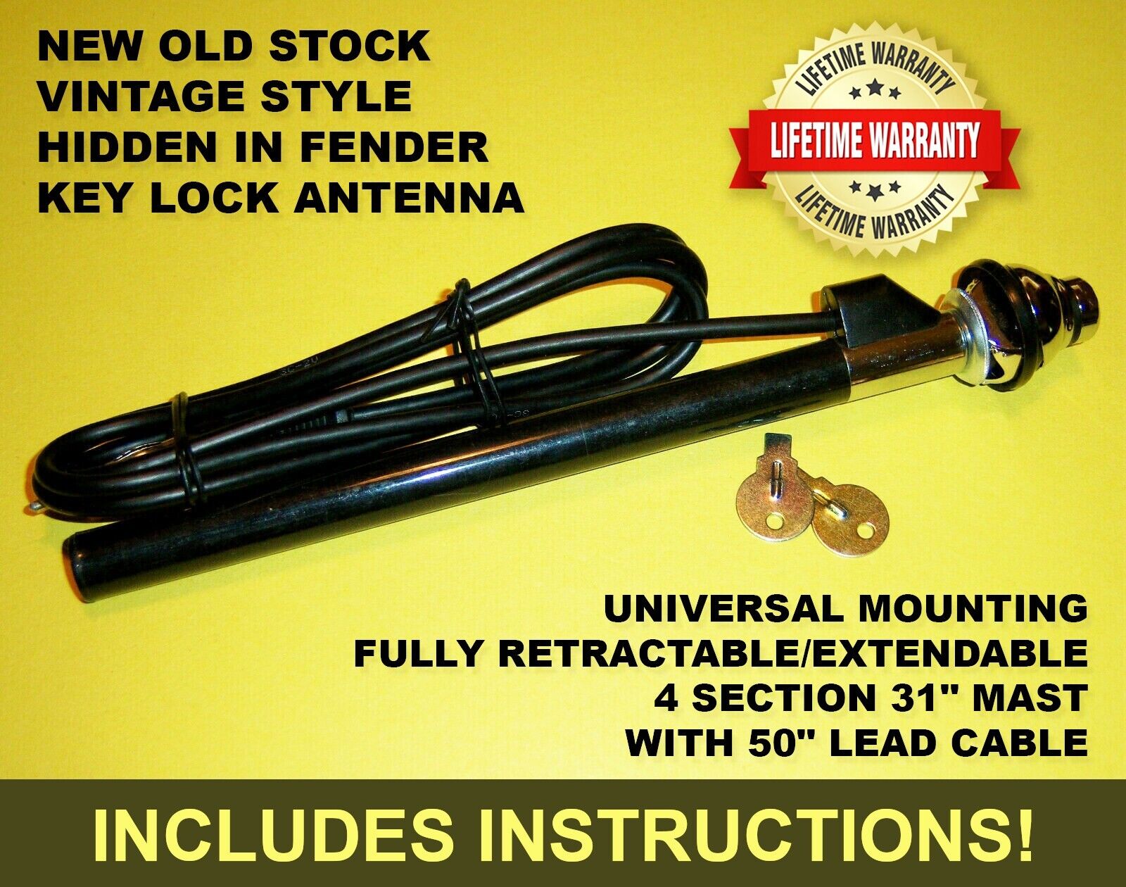 RADIO ANTENNA 4 SECTION FULLY RETRACTABLE UNDER FENDER UNIVERSAL MOUNTING USA