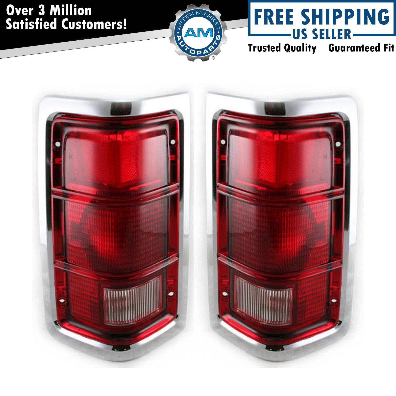 Tail Lights Taillamps w/ Chrome Trim Pair Set for Dodge Ramcharger Pickup Truck