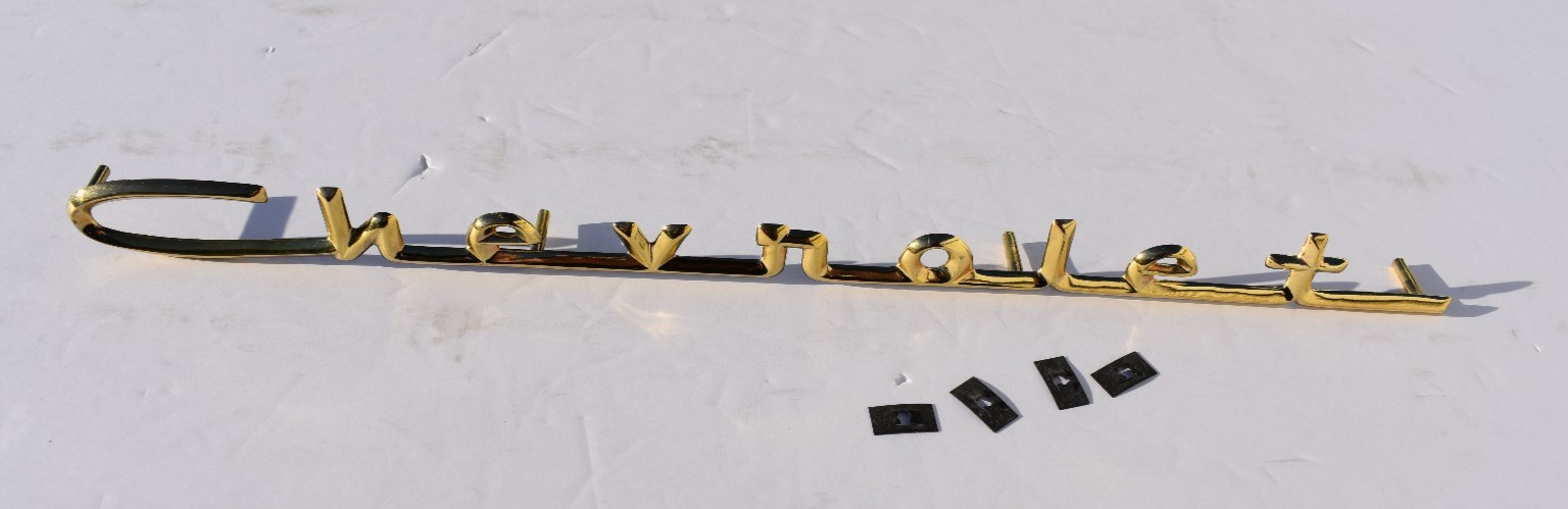 57 1957 Chevy Chevrolet Bel Air V8 Hood Trunk Gold Script Emblem, Attaching Clip