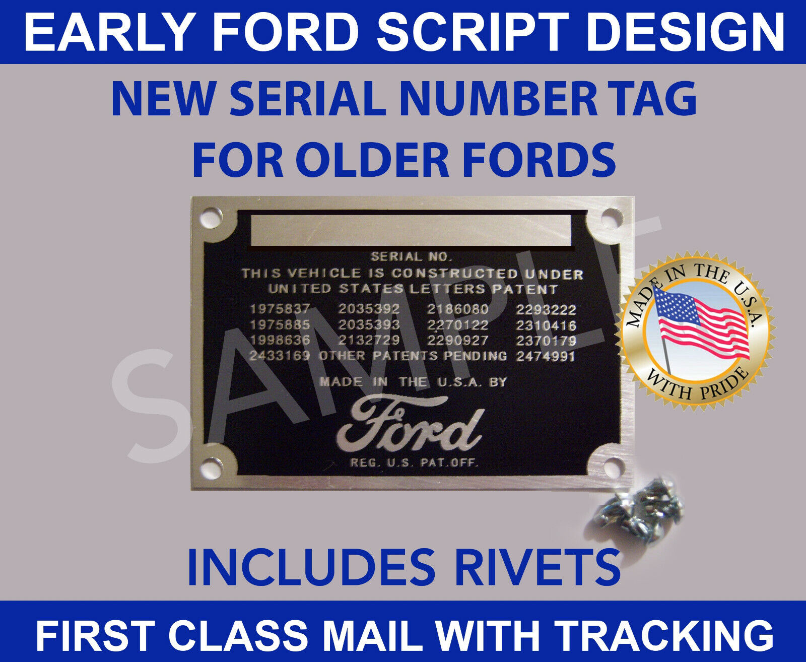 SERIAL NUMBER TAG ID DATA PLATE VINTAGE SCRIPT DESIGN W/RIVETS MADE IN USA