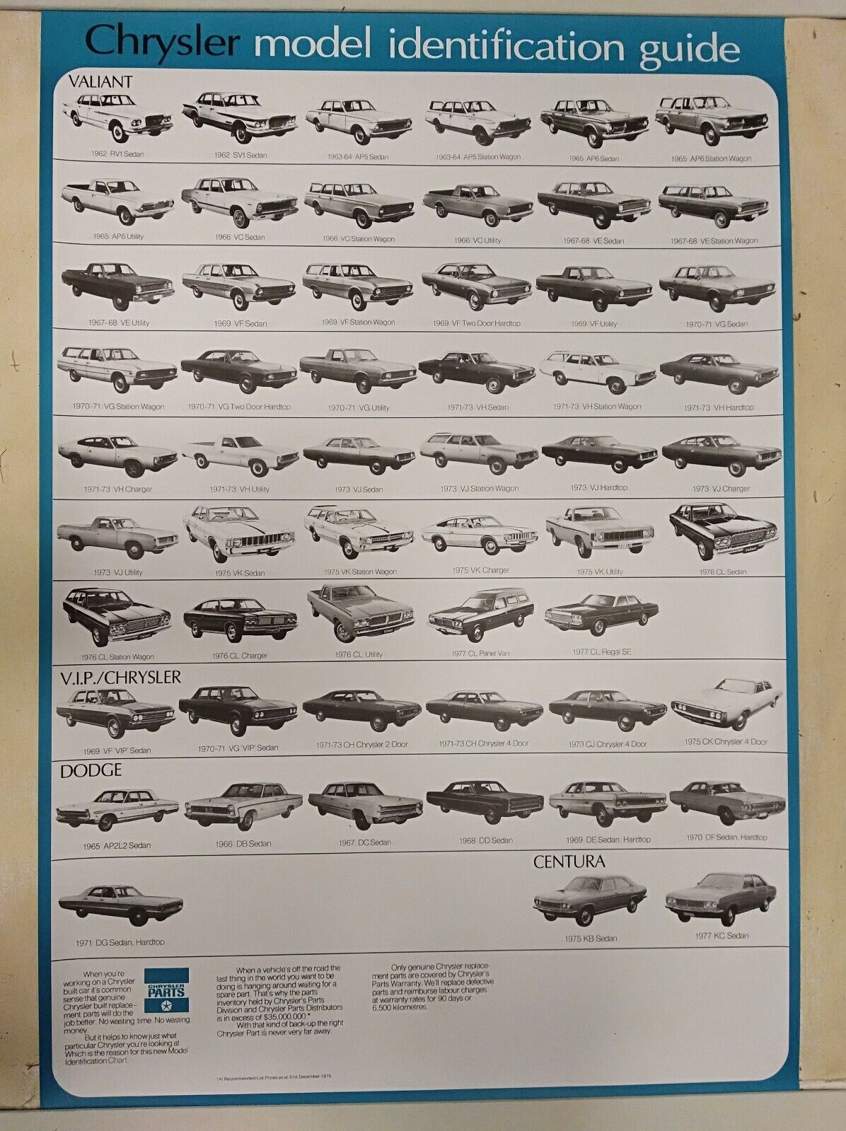 Chrysler Valiant HUGE Identification Chart Dodge Phoenix Centura Spares Division