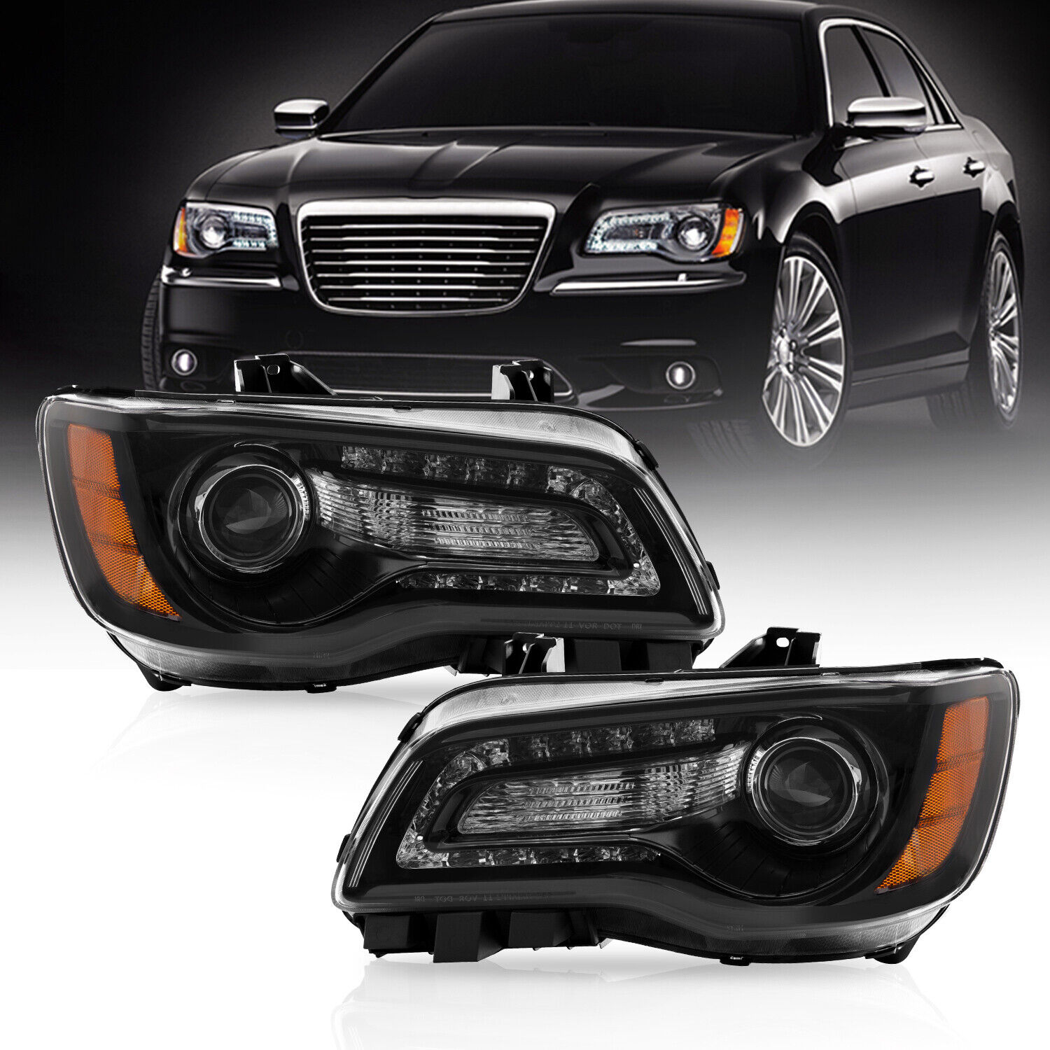 For 2011-2023 Chrysler 300 Black LED DRL Projector Headlights Driver & Passenger