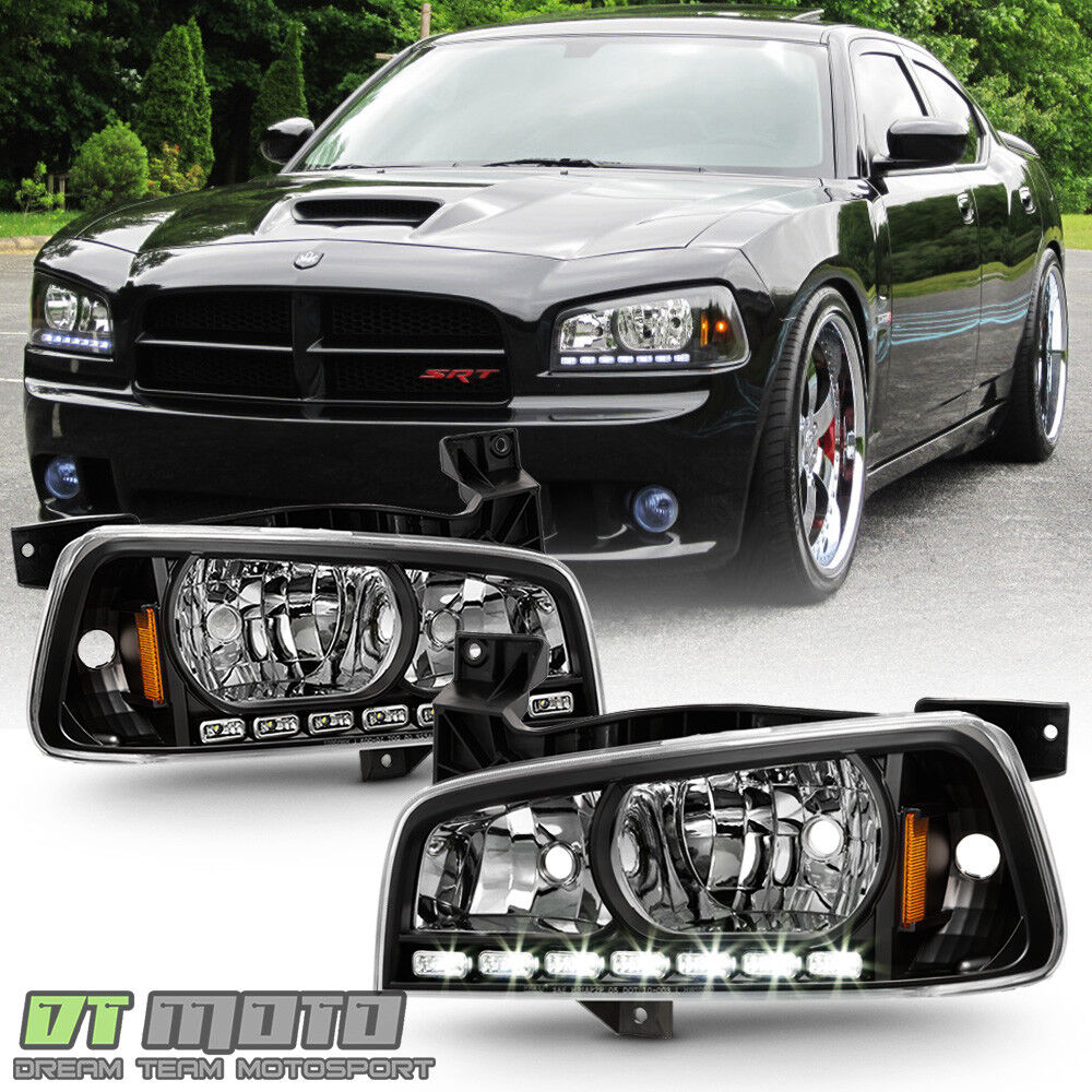 Black 2006-2010 Dodge Charger LED DRL Headlights w/Built In Corner Signal Lamps