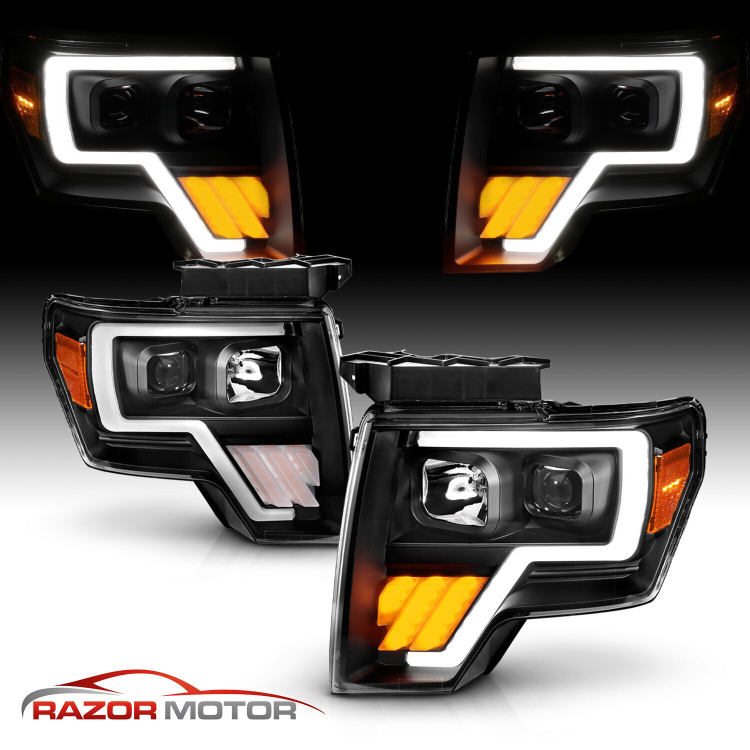 For 09-14 Ford F150 Pickup G3 Black LED Plank Projector Headlights w/ LED Signal