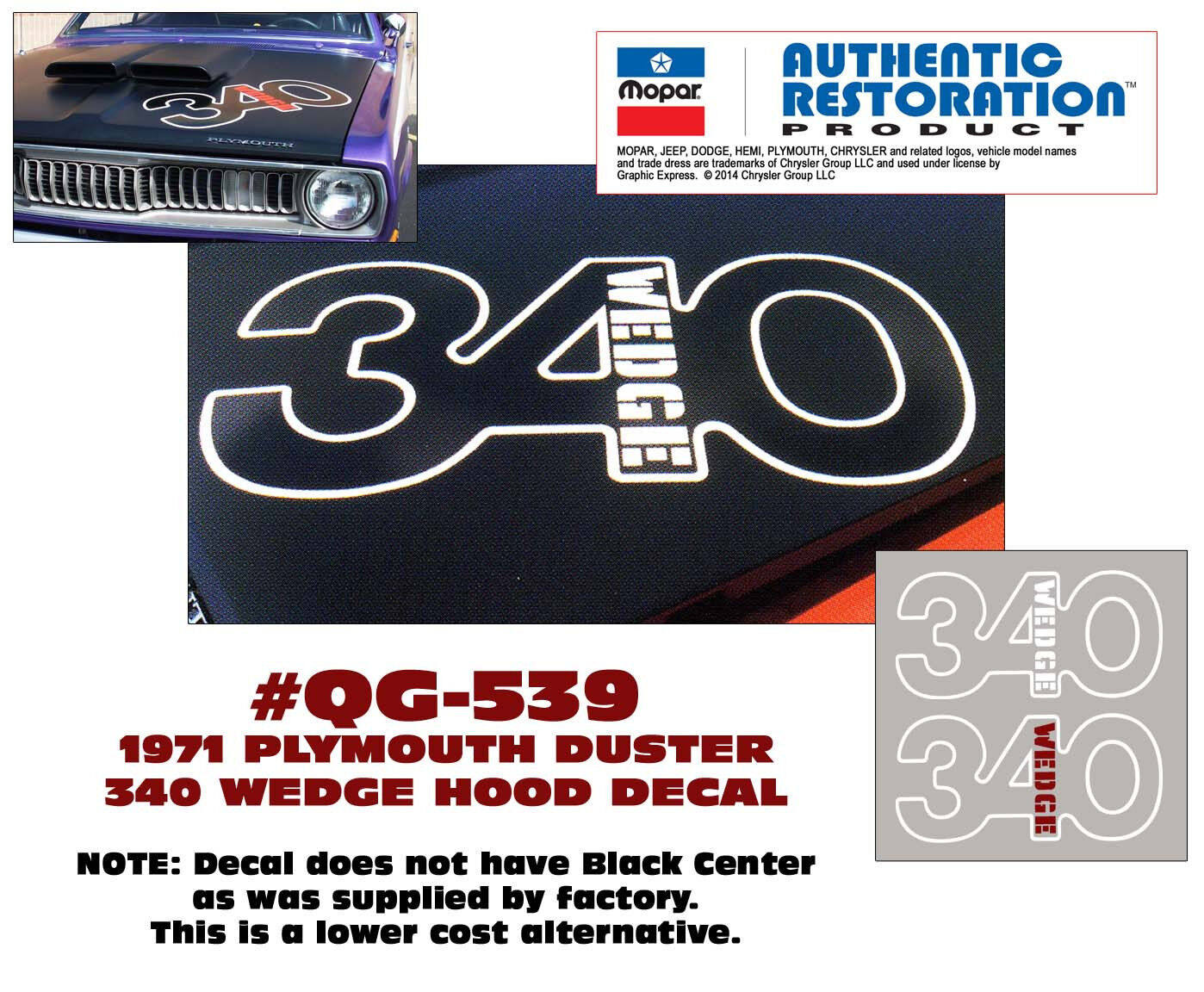 QG-539 1971 PLYMOUTH DUSTER - 340 WEDGE HOOD DECAL - OUTLINE - AFTERMARKET