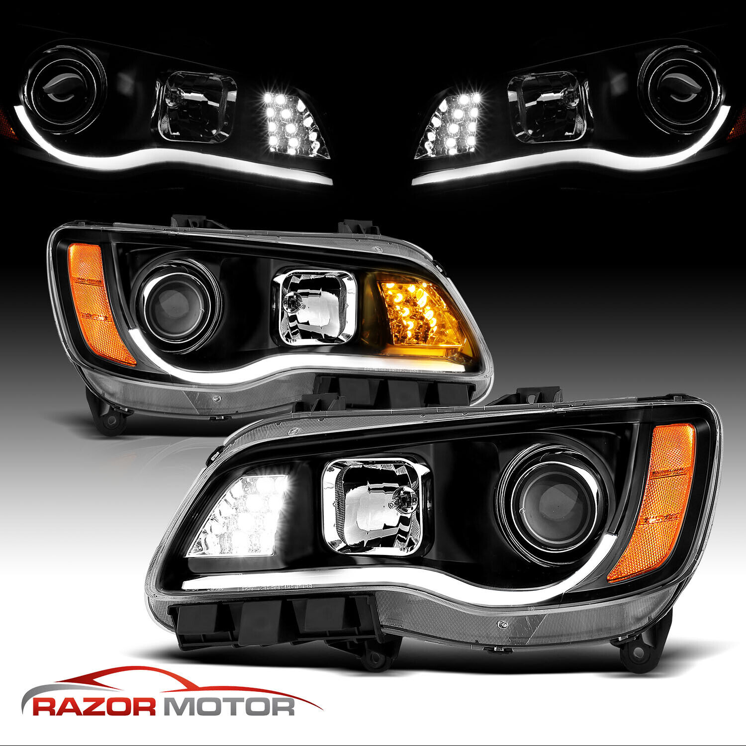 For 2011-2014 Chrysler 300 Black Halogen Projector Headlights w/ LED Bar Signal
