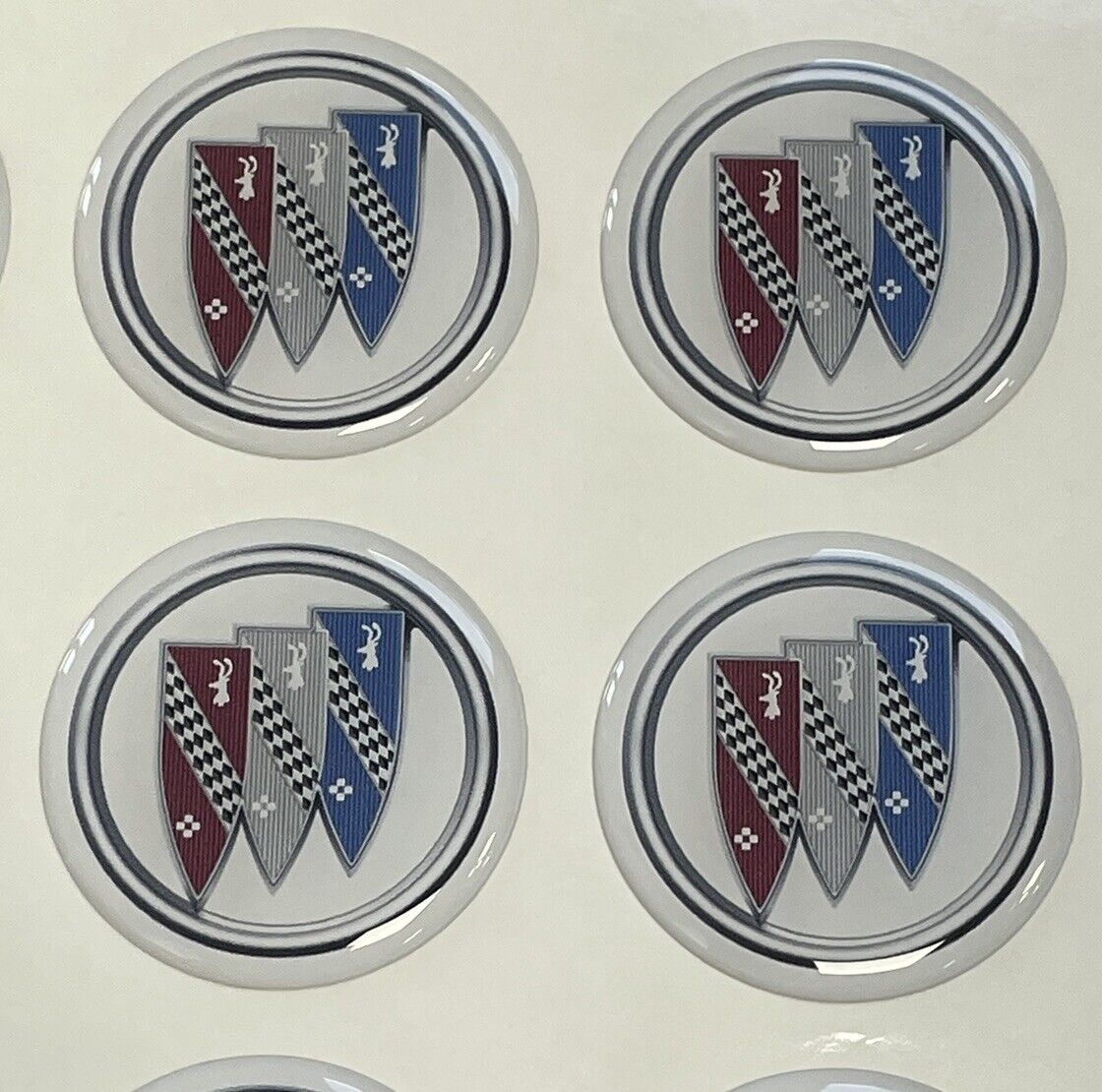 4- Buick Symbol White - Red Center Wheel Emblem 2” Round Vinyl Domes New Style