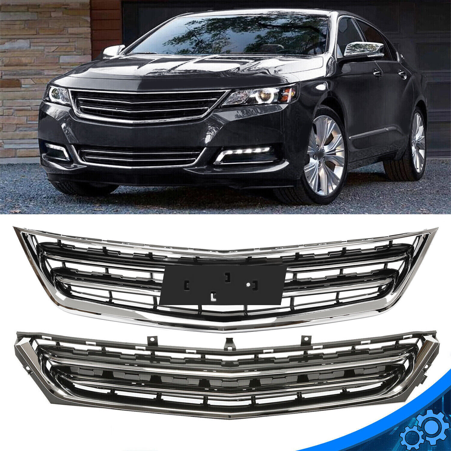Fit for 2014-2020 Chevrolet Impala Front Upper and Lower Grille Black & Chrome