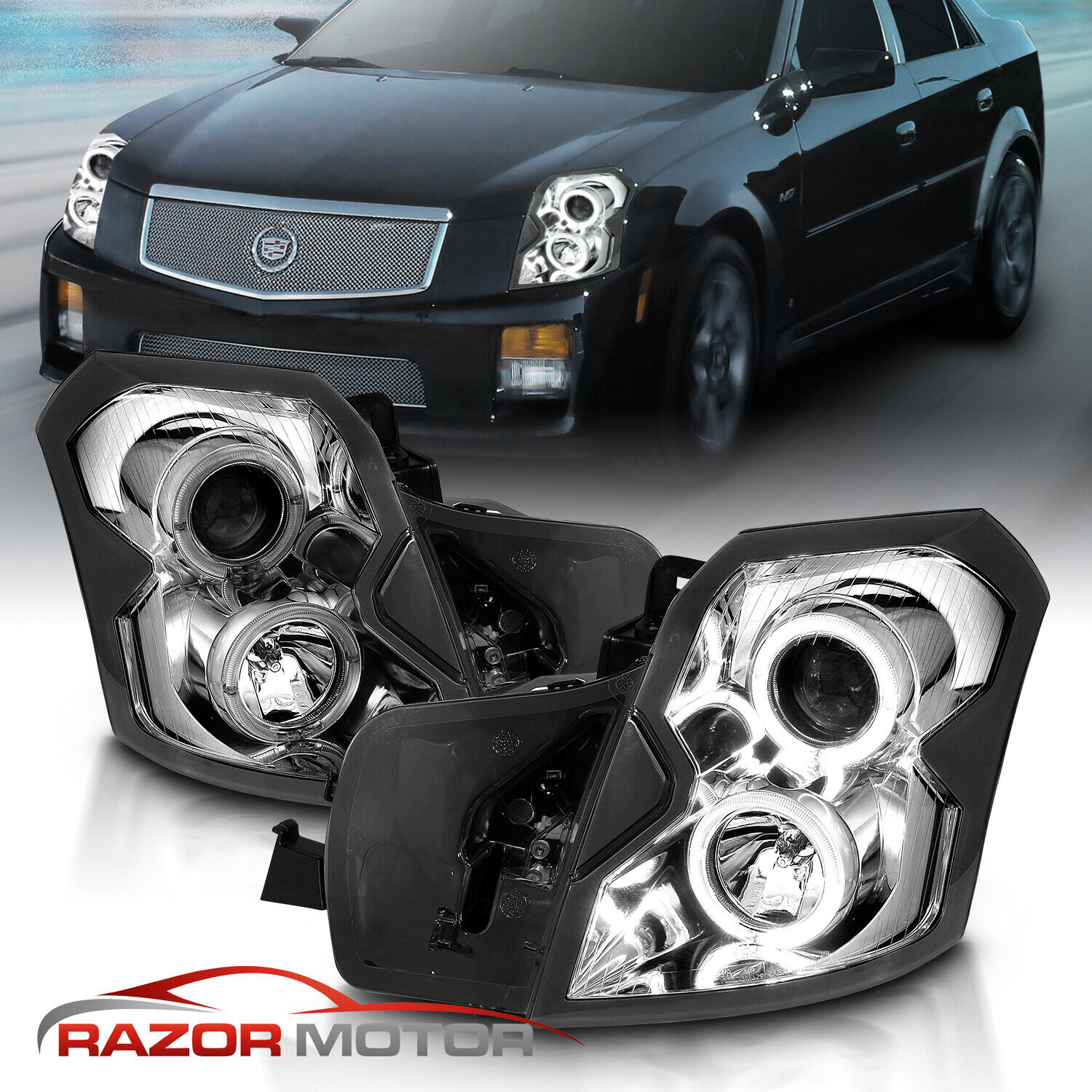 [Dual LED Halo]2003 - 2007 Fit Cadillac CTS Chrome Projector Headlights